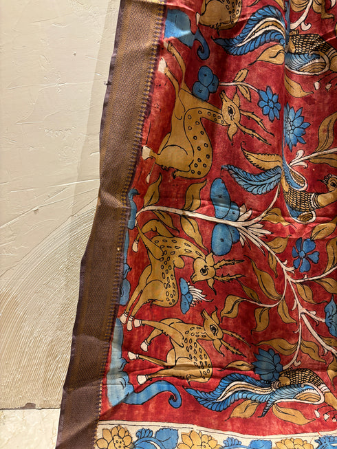 Red Pen Kalamkari Dupatta with Zari Border