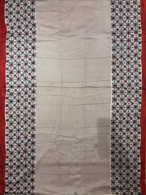 Red Stripe White Modal Silk Ajrakh Saree
