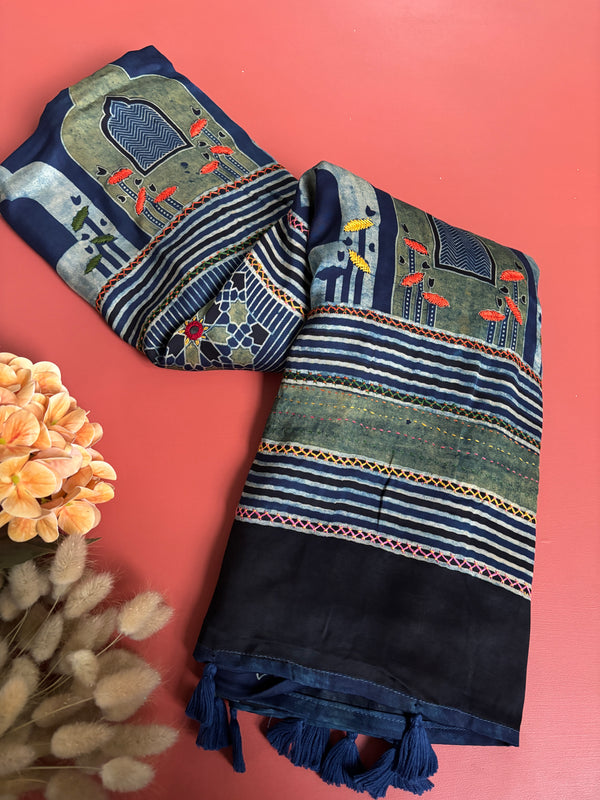 Embroidered Jharokha Blue Modal Silk Ajrakh Saree