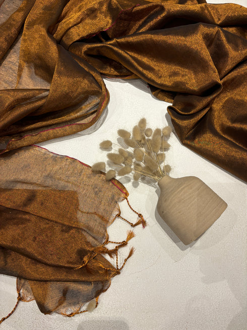 Copper Brown Cotton Tissue Saree