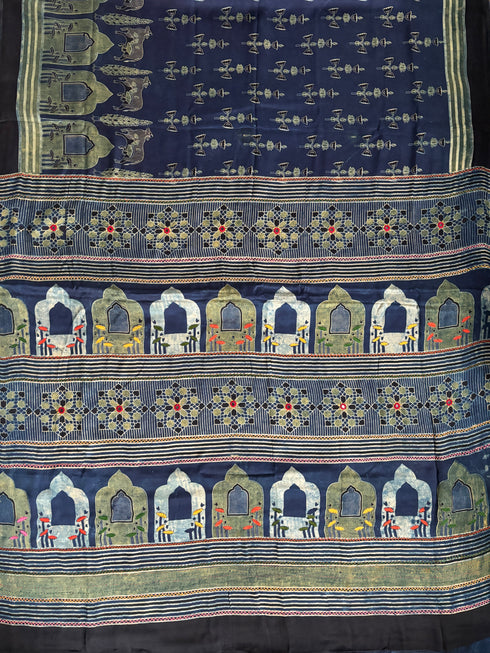 Embroidered Jharokha Blue Modal Silk Ajrakh Saree