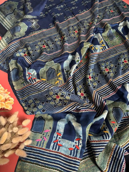 Embroidered Jharokha Blue Modal Silk Ajrakh Saree