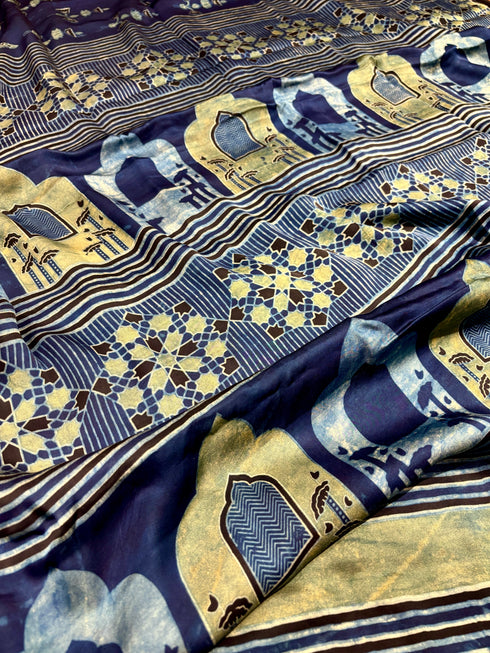 Jharokha Blue Modal Silk Ajrakh Saree
