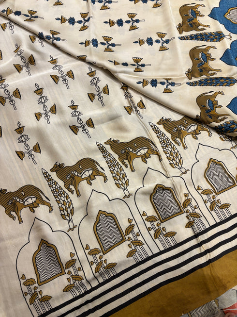 White Gold Modal Silk Ajrakh Saree