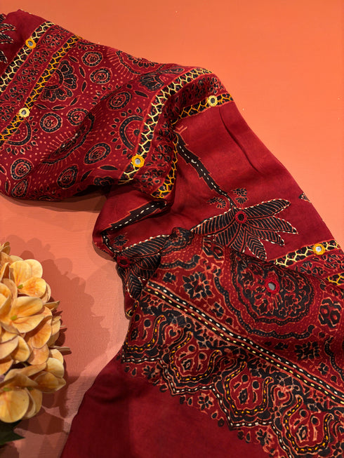 Embroidered Palm Modal Silk Ajrakh Saree