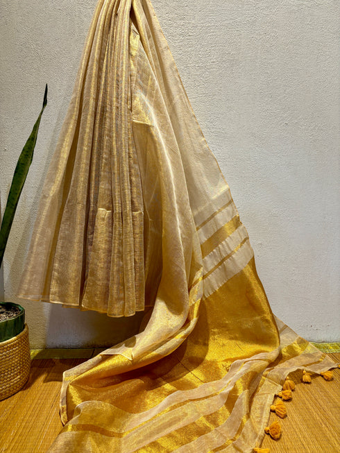 Beige Golden Linen Tissue Saree