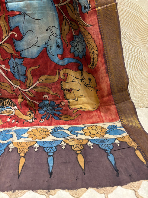 Red Pen Kalamkari Dupatta with Zari Border