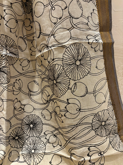 White Pen Kalamkari Dupatta with Zari Border