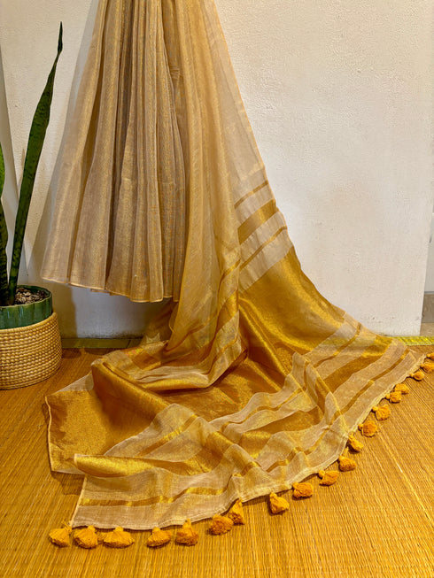 Beige Golden Linen Tissue Saree