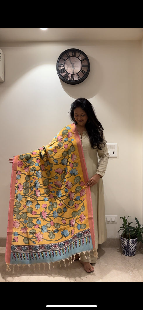 Orange Pen Kalamkari Dupatta with Zari Border