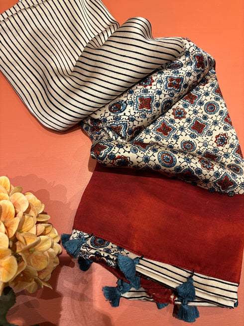 Red Stripe White Modal Silk Ajrakh Saree