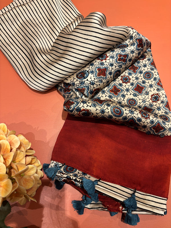 Red Stripe White Modal Silk Ajrakh Saree