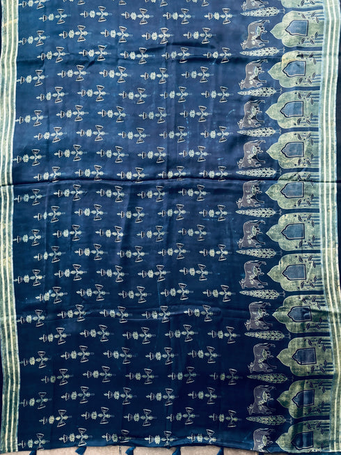 Embroidered Jharokha Blue Modal Silk Ajrakh Saree