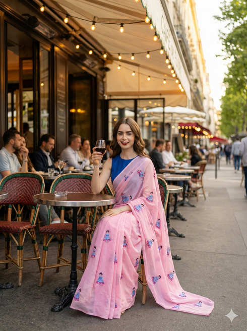 Woman in a pink mul saree with blue pink thread embroidery