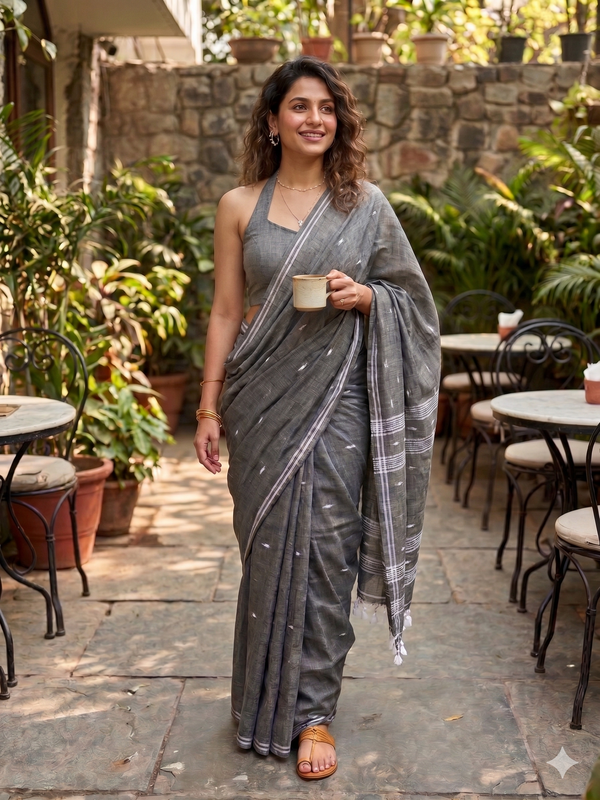 Smoky Grey Bhujodi Handloom Mull Cotton Saree