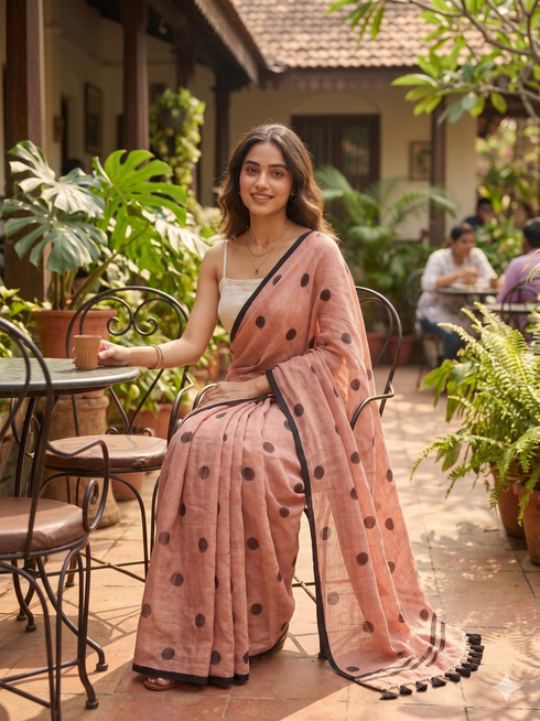 Mocha Polka Handloom Mull Cotton Saree