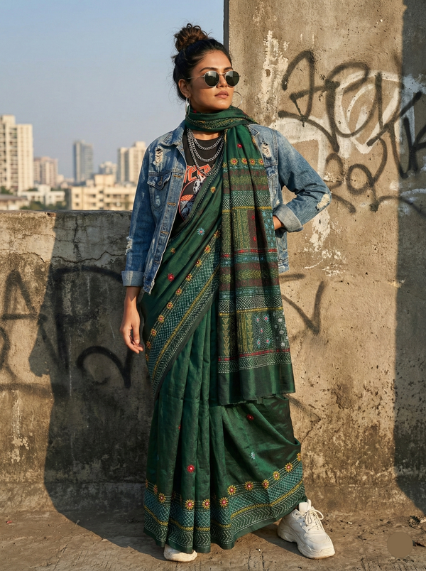 Woman in a green saree with a denim jacket standing against a graffiti-covered wall with cityscape in the background.
