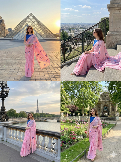 Woman in a pink mul cotton saree with blue blouse in various outdoor settings.