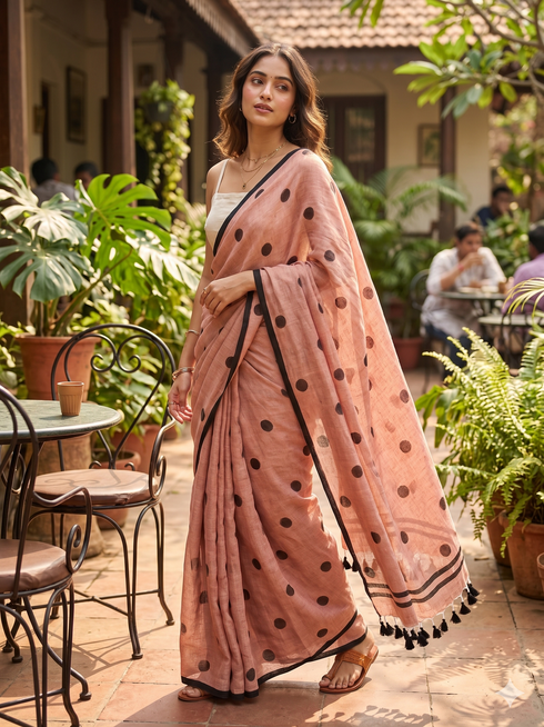 Mocha Polka Handloom Mull Cotton Saree