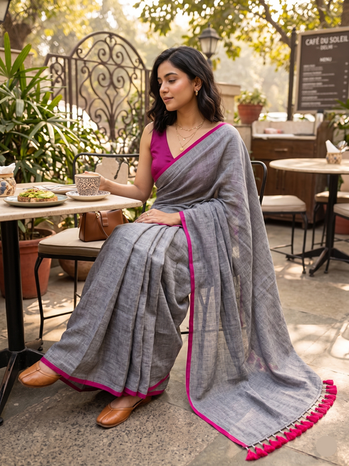 Woman in a gray saree with pink trim sitting outdoors at a cafe.