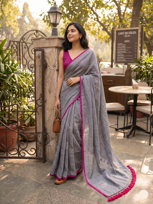 Woman in a gray saree with pink border standing outdoors near a café.