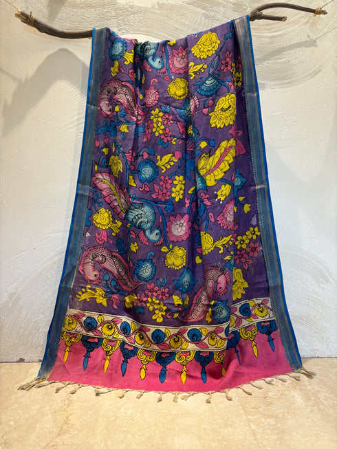 Purple Pen Kalamkari Dupatta with Zari Border