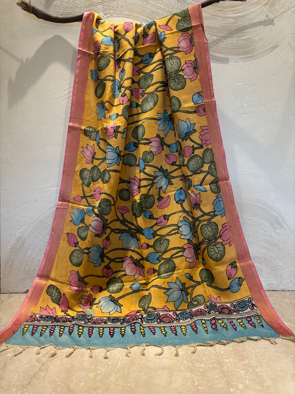 Orange Pen Kalamkari Dupatta with Zari Border