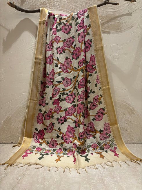 Floral Pen Kalamkari Dupatta with Zari Border