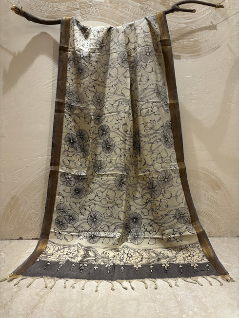 White Pen Kalamkari Dupatta with Zari Border