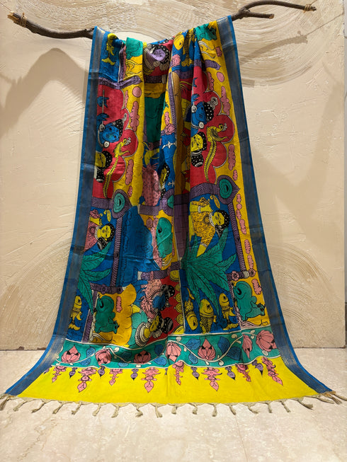 Multicolor Pen Kalamkari Dupatta with Zari Border
