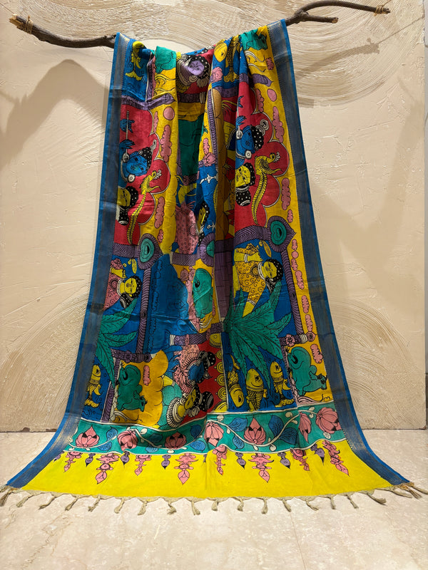 Multicolor Pen Kalamkari Dupatta with Zari Border