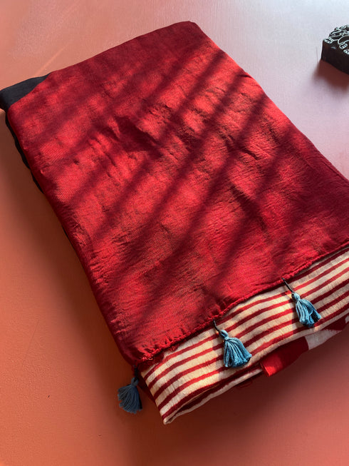 Black Bindi Red Modal Silk Ajrakh Saree