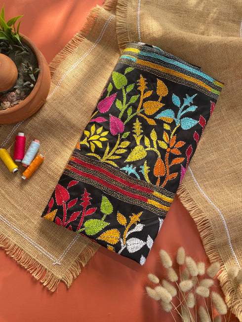 Black floral Kantha Silk Saree from Bengal