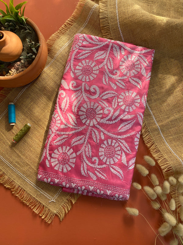 Blush Pink Floral Kantha Silk Saree from Bengal