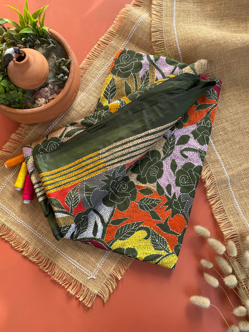 Mehndi Green Reverse Kantha Silk Saree from Bengal