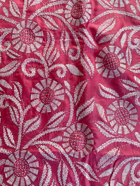 Blush Pink Floral Kantha Silk Saree from Bengal
