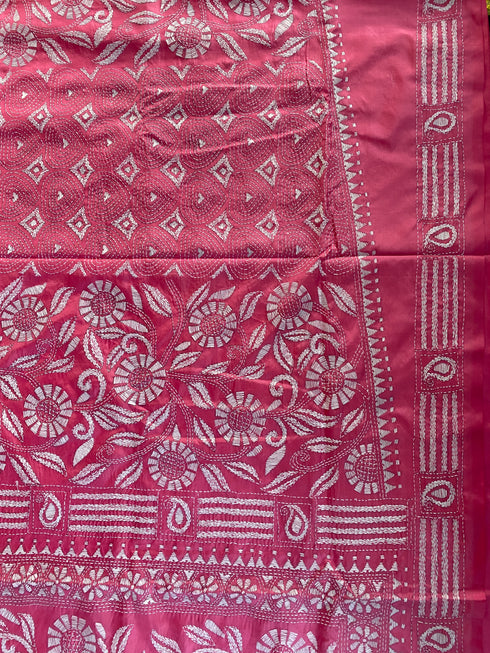 Blush Pink Floral Kantha Silk Saree from Bengal