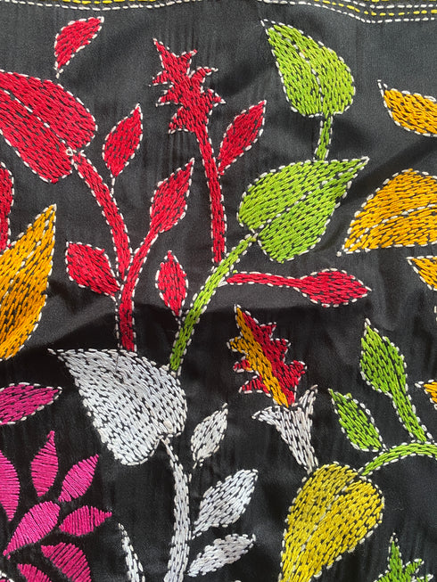 Black floral Kantha Silk Saree from Bengal