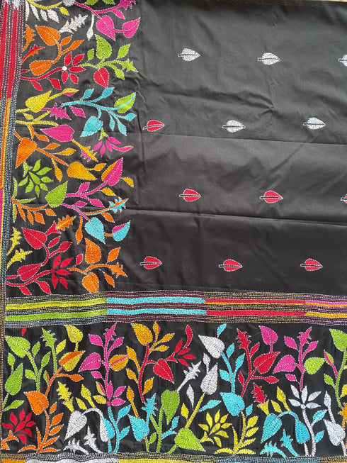 Black floral Kantha Silk Saree from Bengal
