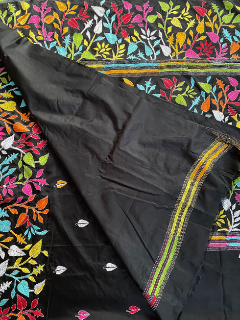 Black floral Kantha Silk Saree from Bengal