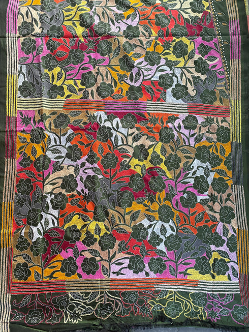Mehndi Green Reverse Kantha Silk Saree from Bengal