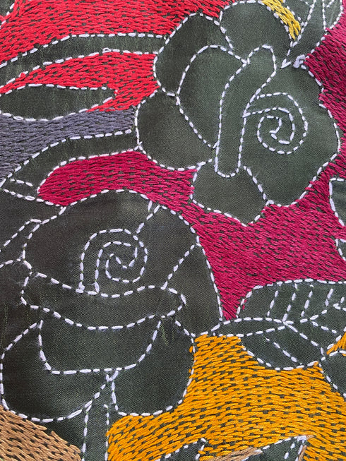 Mehndi Green Reverse Kantha Silk Saree from Bengal