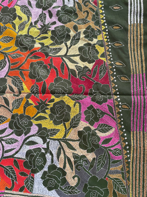 Mehndi Green Reverse Kantha Silk Saree from Bengal