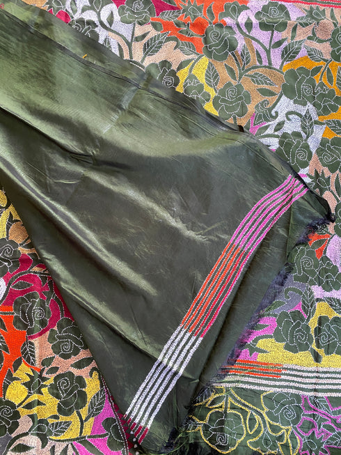 Mehndi Green Reverse Kantha Silk Saree from Bengal