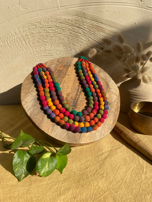 Orange Multi Cloth Pearl Necklace-5 Layer