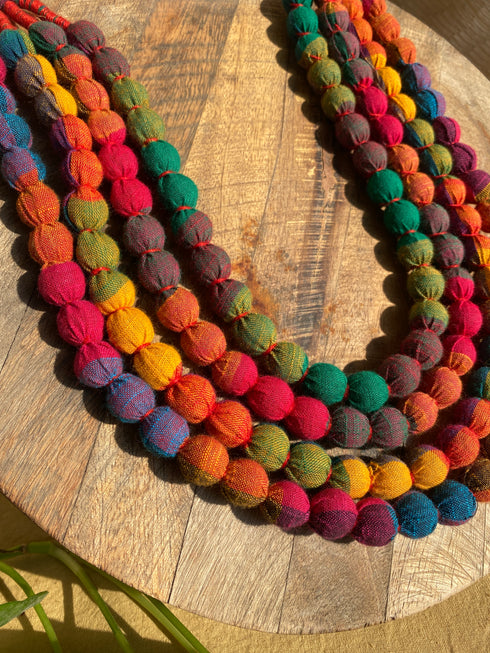 Orange Multi Cloth Pearl Necklace-5 Layer