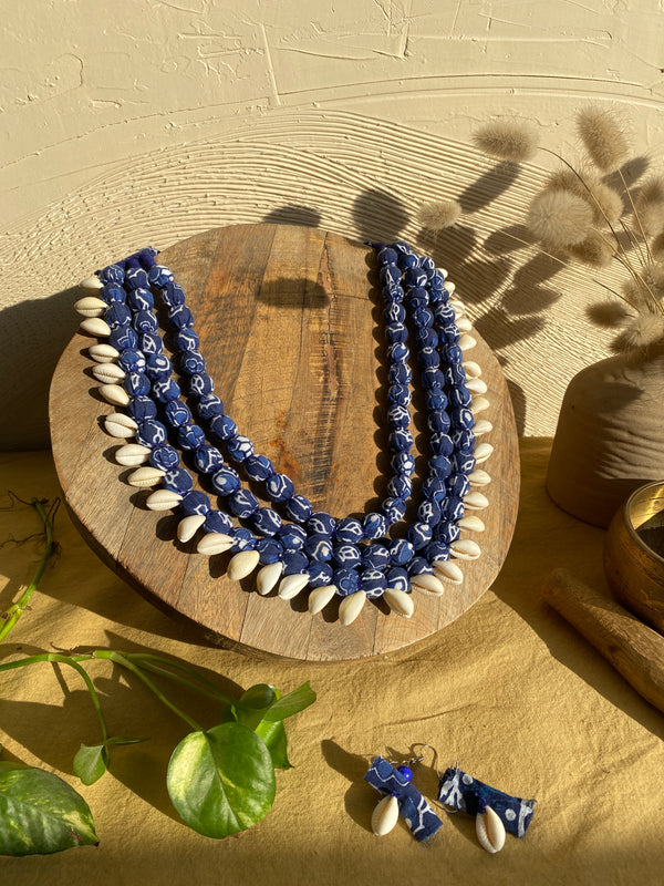 Indigo white Cloth Pearl Kaudi Necklace 3 Layer