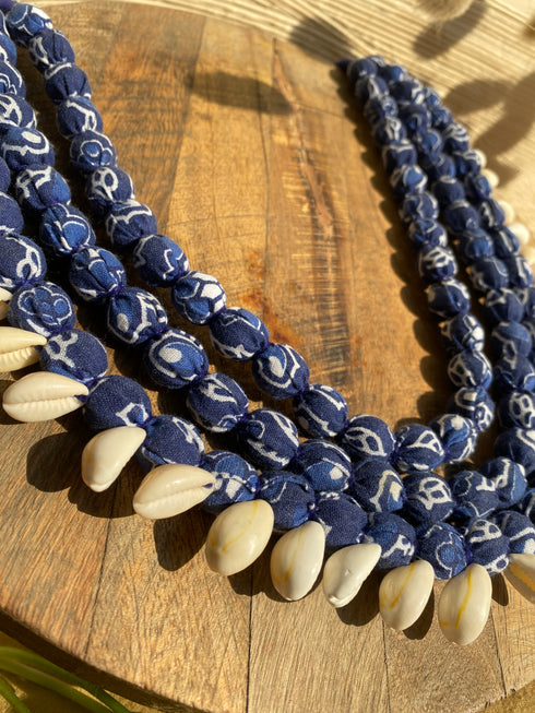 Indigo white Cloth Pearl Kaudi Necklace 3 Layer