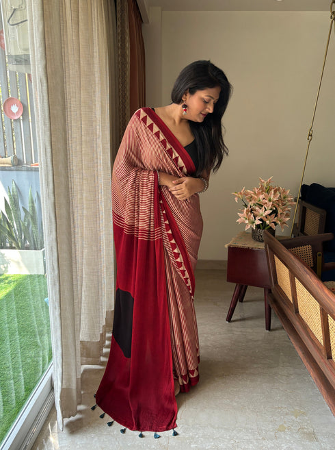 Black Bindi Red Modal Silk Ajrakh Saree