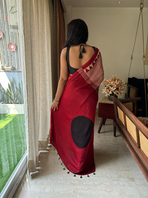 Black Bindi Red Modal Silk Ajrakh Saree